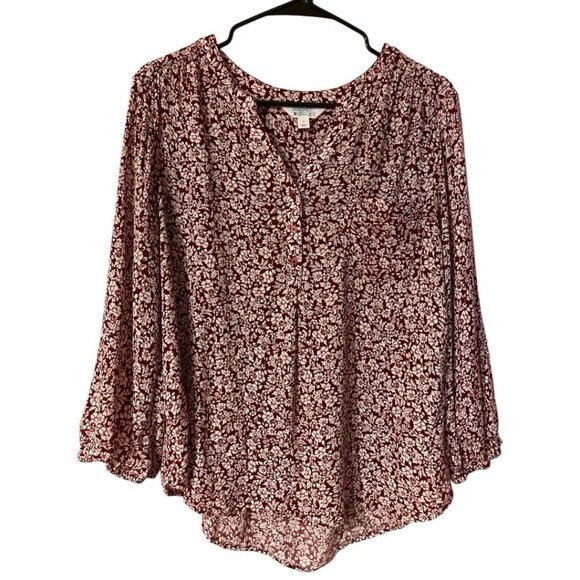 Market & Spruce Shirt Womens Large Floral Button Blouse Maroon White 3/4 Sleeve - Picture 1 of 16